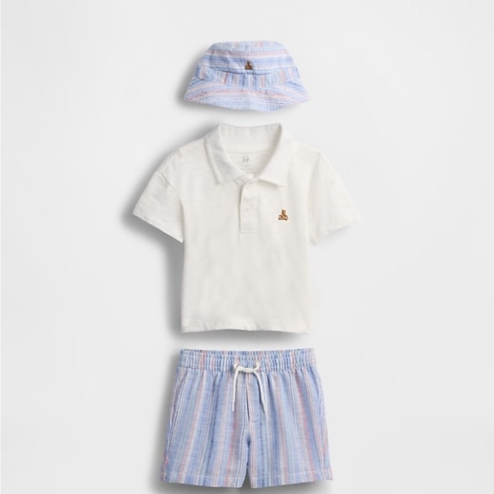 GAP Baby Polo Outfit Set with Bucket Hat - White and Blue Baby Matching Set